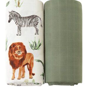 Infant Swaddle Set in Safari & Olive Green Patterns, super soft bamboo blanket